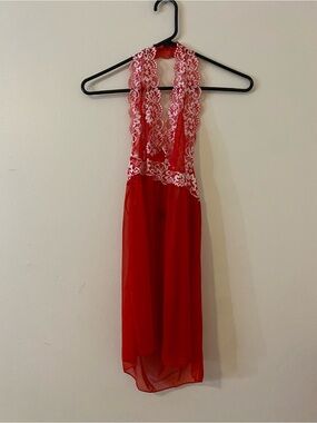 YOINS Sheer Red Halter Backless Dress with White Lace